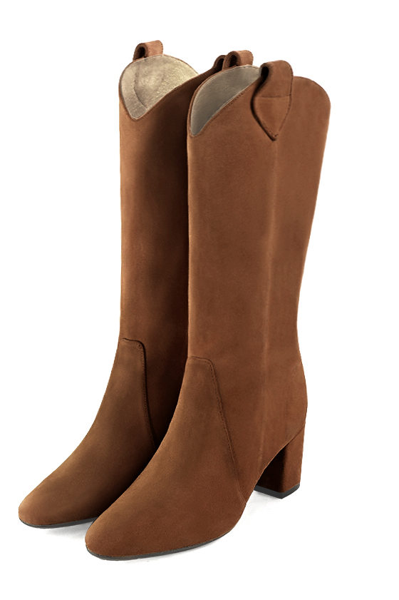 Caramel brown women's mid-calf boots. Round toe. Medium block heels. Made to measure. Front view - Florence KOOIJMAN